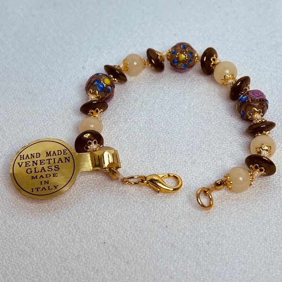 IBB Italy Gold Tone, Pink, Purple And White Hand Made Venetian Glass Bracelet - Picture 2 of 4